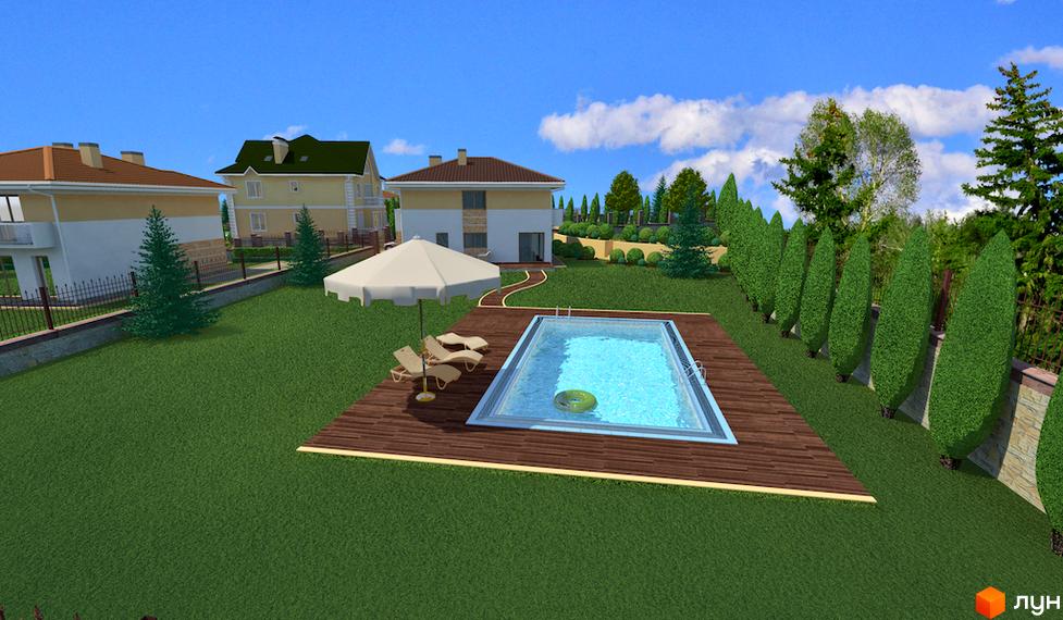 Котеджне містечко Ярий Смарагд: триповерхові будинки з коричневими дахами, зелений газон, басейн з лежаками та парасолькою.