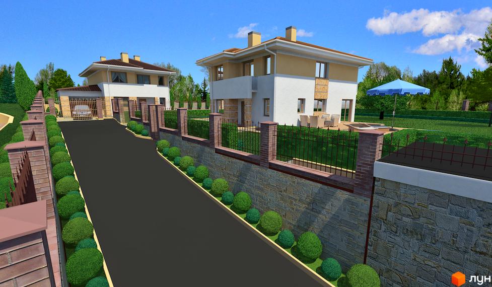 Котеджне містечко Ярий Смарагд. Зовнішній вигляд двоповерхових будинків з гаражем та доглянутою прибудинковою територією з газоном, кущами та парканом.