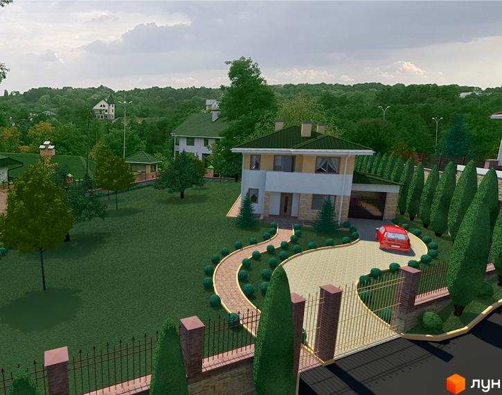 Котеджне містечко Ярий Смарагд: двоповерховий будинок з зеленим дахом та прибудинковою територією з доглянутим газоном, стежками та огорожею.