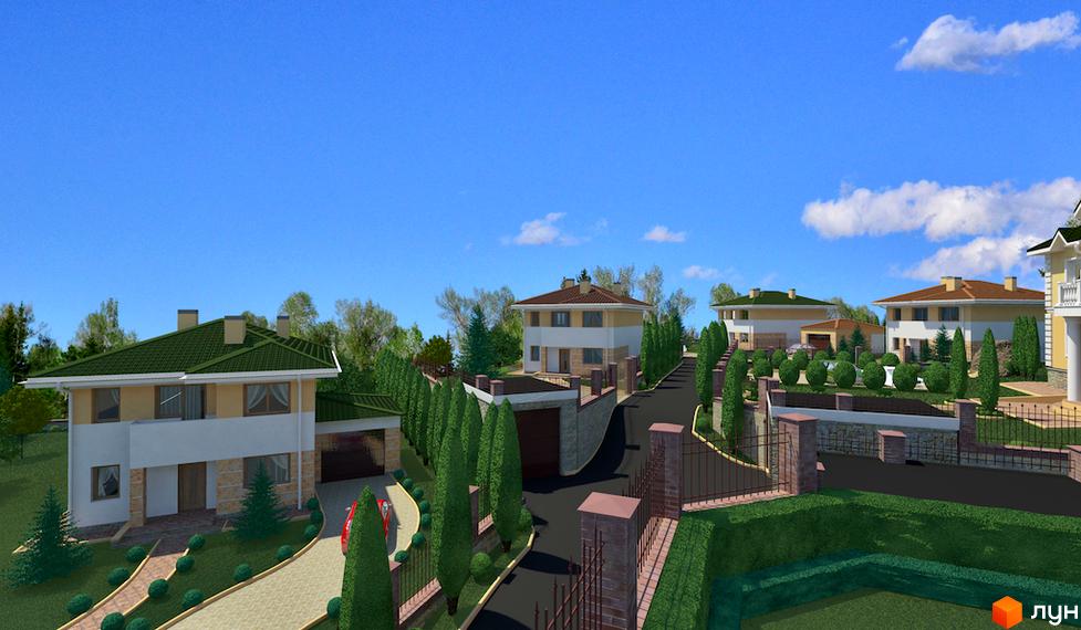 Котеджне містечко КМ Ярий Смарагд. Зовнішній вигляд будинків з зеленими дахами та прибудинкова територія з доглянутими деревами та парканом.