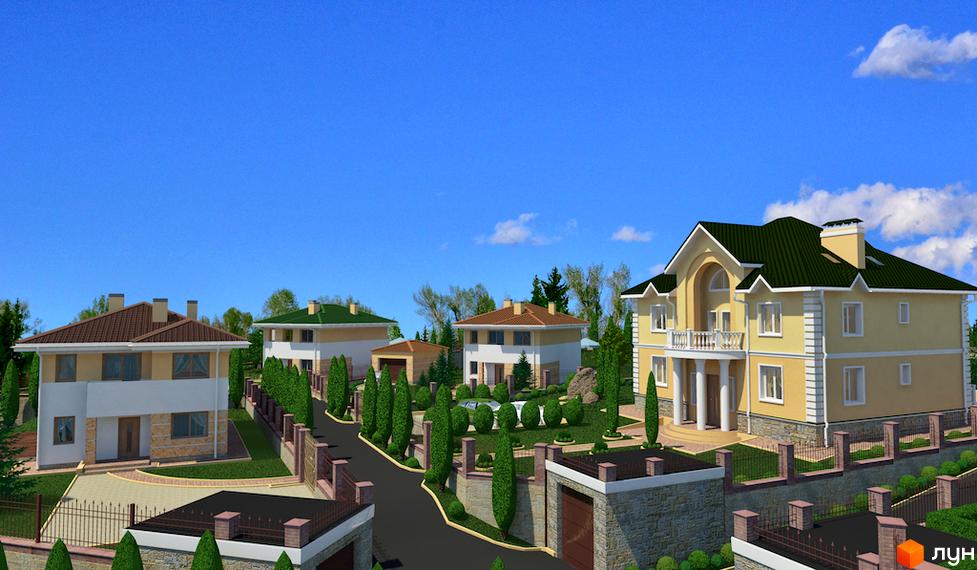 Котеджне містечко КМ Ярий Смарагд: огляд екстер'єрів двоповерхових будинків з зеленими дахами та прибудинковою територією з ландшафтним дизайном. Фото новобудов.