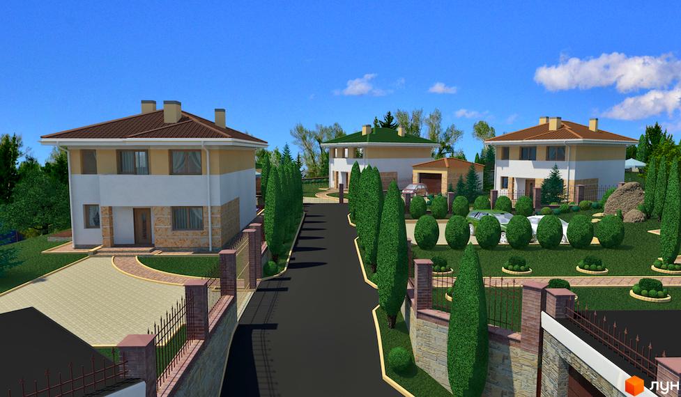 Котеджне містечко Ярий Смарагд: двоповерхові будинки з коричневими дахами та світлими фасадами, доглянута прибудинкова територія з акуратними кущами та деревами.