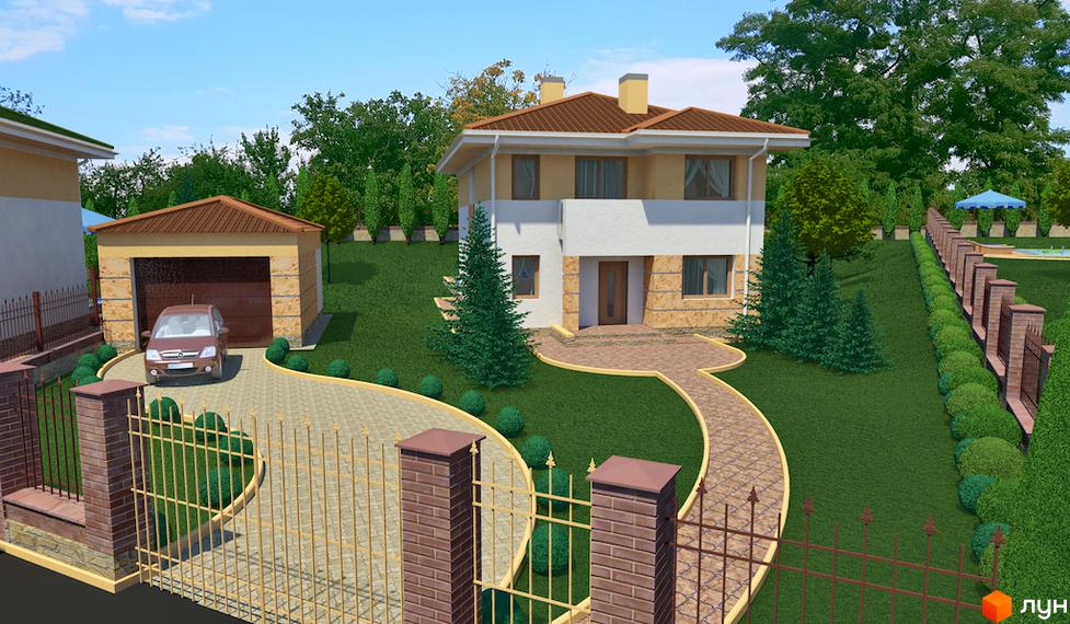 Котеджне містечко Ярий Смарагд: двоповерховий будинок з гаражем та автомобілем на вимощеній доріжці, огороджена територія з газоном та деревами.