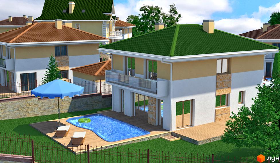 Котеджне містечко Ярий Смарагд: двоповерховий будинок зі світлим фасадом, зеленим дахом та басейном. Прибудинкова територія включає дерев'яну терасу, парасольку та шезлонги.