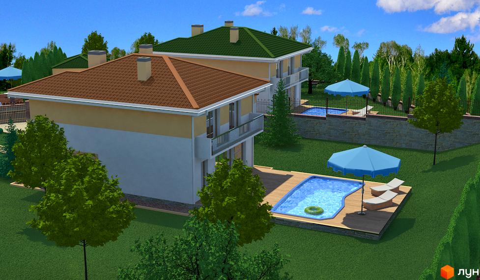 Котеджне містечко Ярий Смарагд: двоповерхові будинки з коричневими та зеленими дахами, басейнами та парасольками на прибудинковій території.