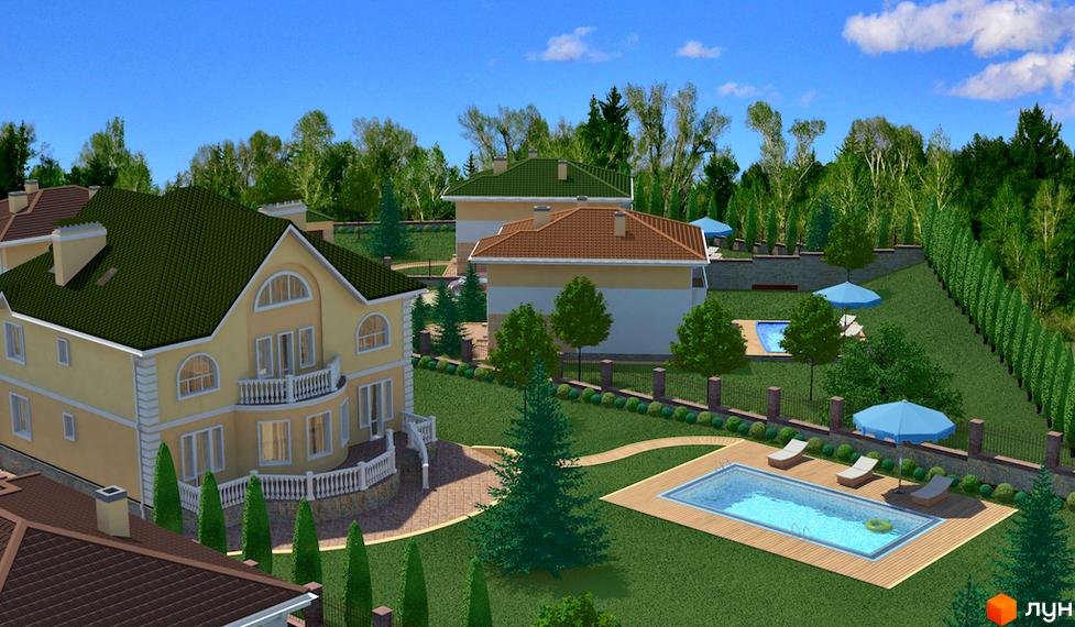 Котеджне містечко Ярий Смарагд: двоповерхові будинки з зеленими та коричневими дахами, басейн з лежаками та парасолями на доглянутій зеленій ділянці.
