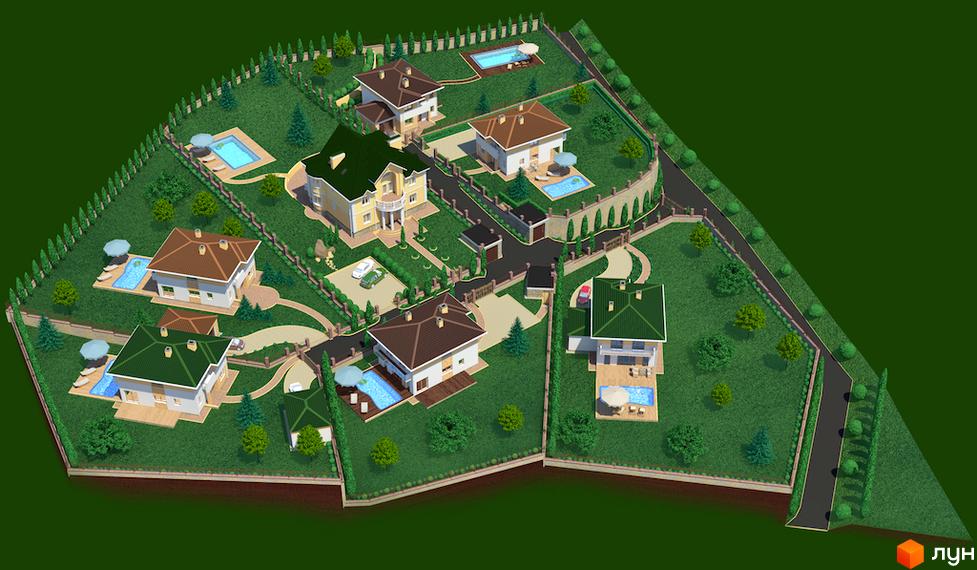 Котеджне містечко Ярий Смарагд. Фото комплексу з кількома будинками, басейнами та зеленими насадженнями. На території є дороги та паркани.