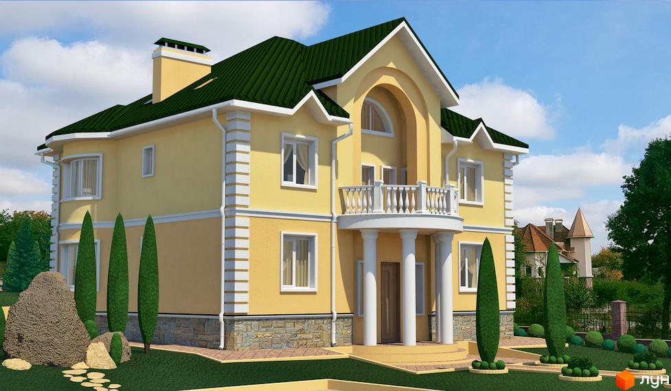 Котеджне містечко Ярий Смарагд: двоповерховий жовтий будинок із зеленим дахом, білими колонами та балконом. Навколо будинку доглянута прибудинкова територія з газоном та декоративними деревами.