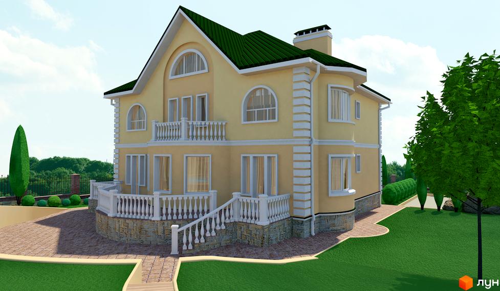 Котеджне містечко Ярий Смарагд: двоповерховий будинок з жовтим фасадом, зеленим дахом та білими колонами. Прибудинкова територія з газоном, деревами та бруківкою.