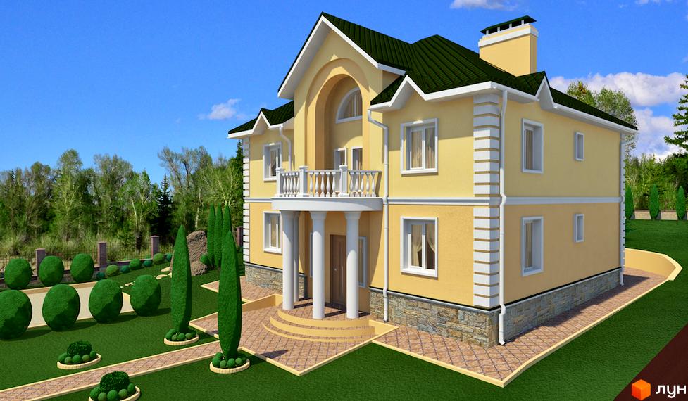 Котеджне містечко Ярий Смарагд: двоповерховий жовтий будинок з зеленим дахом, білим балконом та колонами, оточений доглянутою зеленою територією з кущами та деревами.