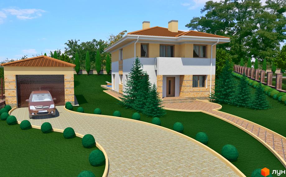 Котеджне містечко Ярий Смарагд: двоповерховий будинок з жовтою та білою обробкою, цегляним фасадом, черепичним дахом та двома димарями. На території будинку є гараж з автомобілем, доглянутий газон з кулями та доріжка з бруківки.