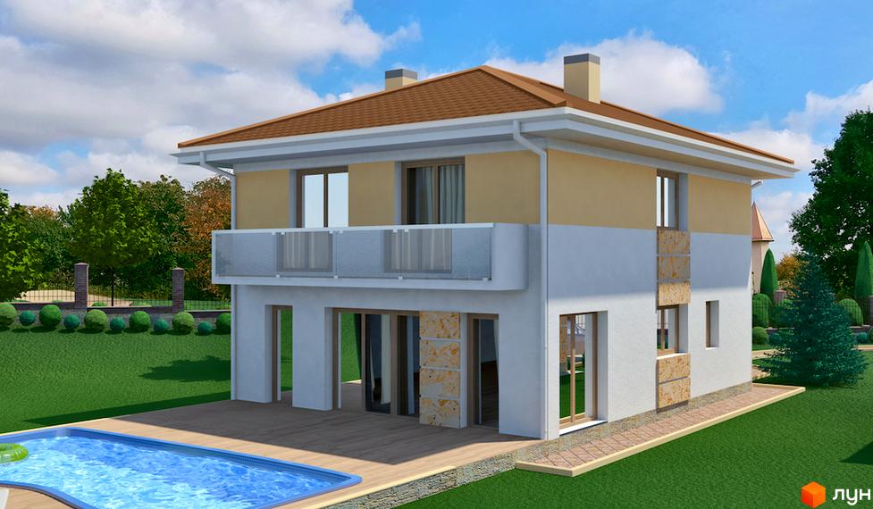 Котеджне містечко КМ Ярий Смарагд. Двоповерховий будинок з коричневим дахом, балконом та басейном на прибудинковій території.