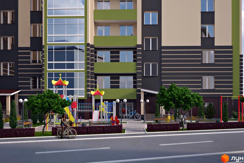 Житловий комплекс Ваш Добробут: багатоповерховий будинок з кольоровими фасадами та облаштованою прибудинковою територією з дитячим майданчиком.