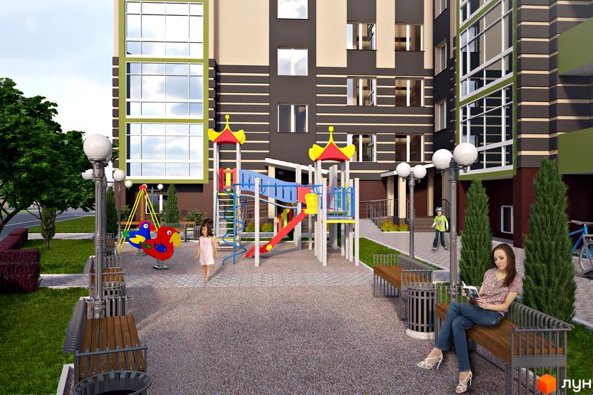 Фасад ЖК Ваш Добробут з темними та світлими секціями, великими вікнами та зеленими елементами. На передньому плані дитячий майданчик, лавки та озеленена територія.