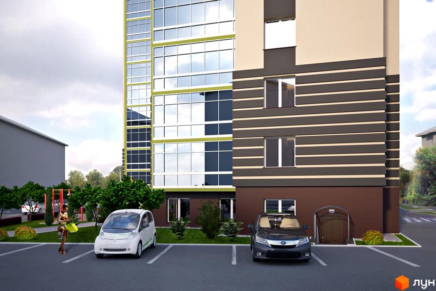 Житловий комплекс Ваш Добробут: багатоповерховий будинок зі скляним фасадом та коричневими стінами. На території є парковка та зелені насадження.