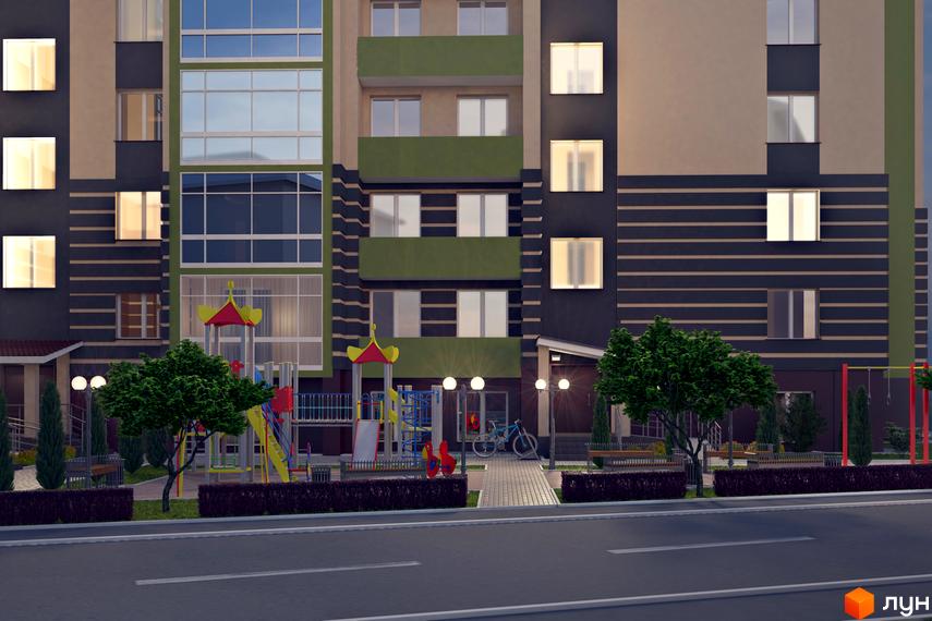 Житловий комплекс Ваш Добробут: багатоквартирний будинок з бежевим та темно-сірим фасадом, зеленими балконами. Прибудинкова територія з дитячим майданчиком та зеленими насадженнями.