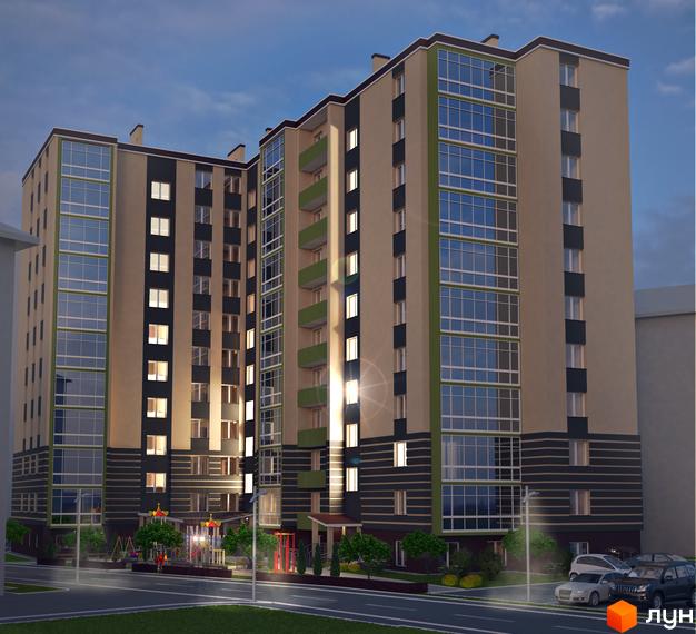 Житловий комплекс Ваш Добробут: багатоповерховий будинок з бежевим та темно-сірим фасадом, великими вікнами. На прибудинковій території є дитячий майданчик та зелені насадження.