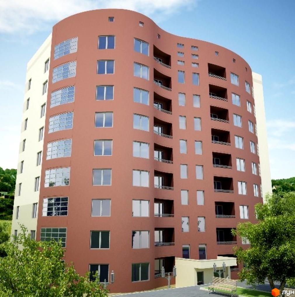 Житловий комплекс на вул. Яцкова, 20б з хвилястим фасадом коричневого кольору та великими вікнами. Навколо будинку зелені дерева та облаштована прибудинкова територія.