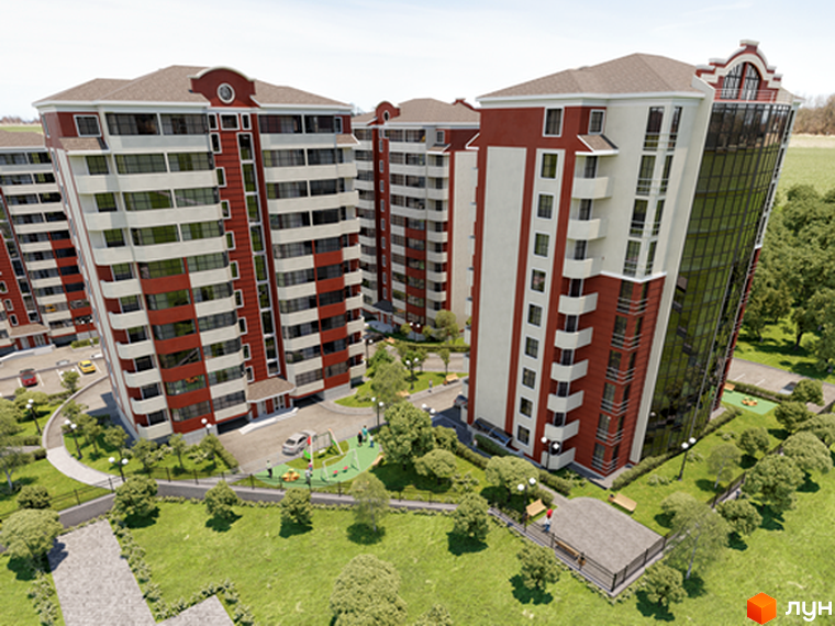 Житловий комплекс Оберіг - сучасна архітектура з червоно-білими фасадами та панорамним склінням. На прибудинковій території зелений газон, дерева, дитячий майданчик та зони відпочинку.