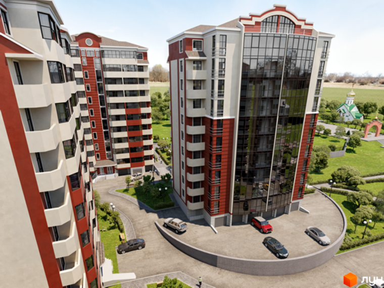 Житловий комплекс Оберіг: сучасні багатоповерхові будинки з червоно-білим фасадом та великими вікнами. Навколо комплексу доглянута прибудинкова територія з зеленими насадженнями та дорогою.