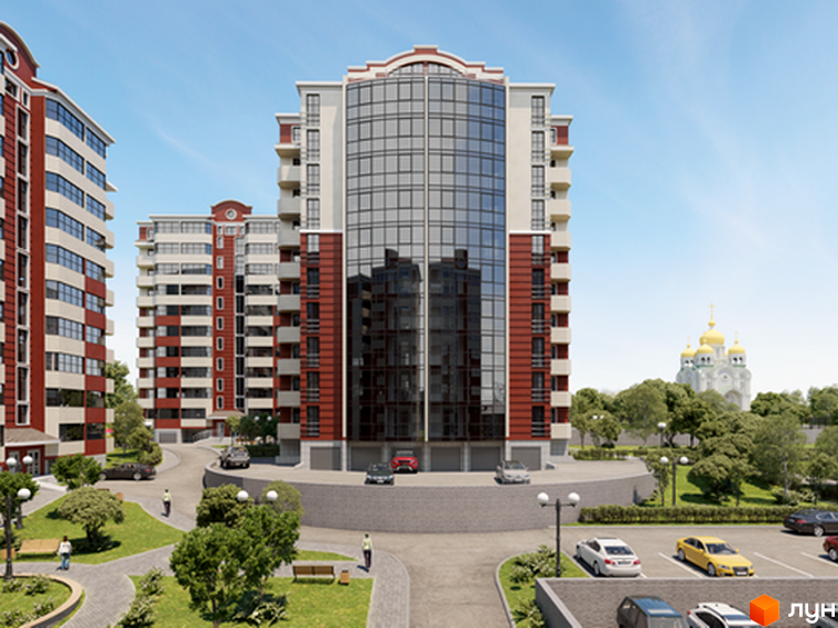 Житловий комплекс Оберіг - це сучасна новобудова з червоно-білим фасадом та великими вікнами. Територія навколо комплексу озеленена, з доріжками та парковкою.