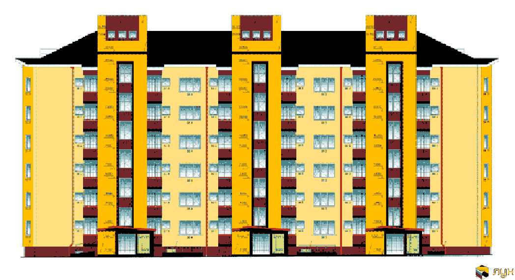 Фасад багатоповерхового житлового будинку на вул. Лісна, 2б, з жовтими стінами, темно-червоними балконами та трьома вхідними групами.