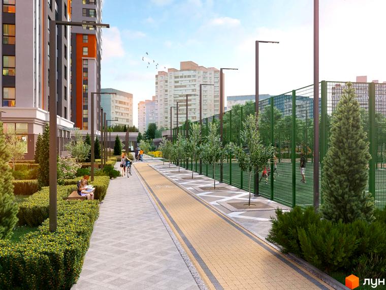 Житловий комплекс Бережанський: сучасний будинок з прибудинковою територією, що включає спортивні майданчики та зони відпочинку.