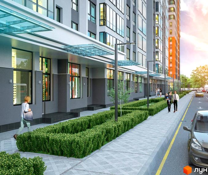 Зовнішній вигляд новобудови ЖК Бережанський з доглянутою прибудинковою територією та зеленими насадженнями. Фото фасаду будинку та тротуару з людьми.
