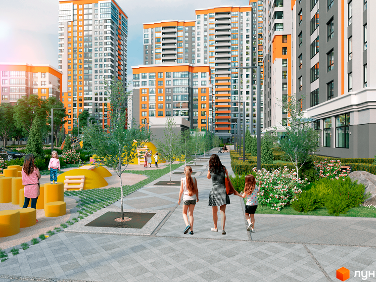 Житловий комплекс Бережанський: фасади новобудов з помаранчевими елементами та дитячий майданчик з жовтими елементами.