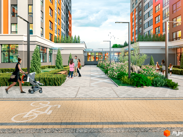 Житловий комплекс Бережанський: сучасний фасад будинку з оранжевими та сірими елементами, прибудинкова територія з квітами, деревами та пішохідними доріжками.