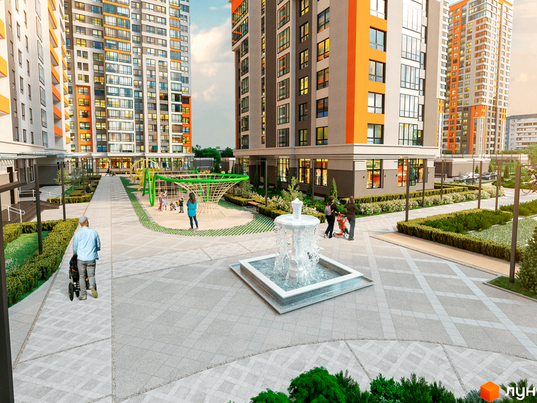 Житловий комплекс Бережанський. Зовнішній вигляд будівель та прибудинкова територія з дитячим майданчиком та фонтаном.