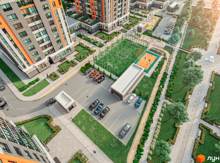 Житловий комплекс Бережанський. Зовнішній вигляд будівель та прибудинкова територія з дитячими майданчиками та спортивними зонами.