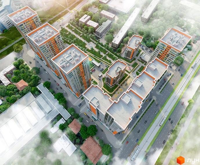 Вид зверху на житловий комплекс Бережанський з багатоповерховими будинками оранжево-сірого кольору та прибудинковою територією з деревами та дорогою.