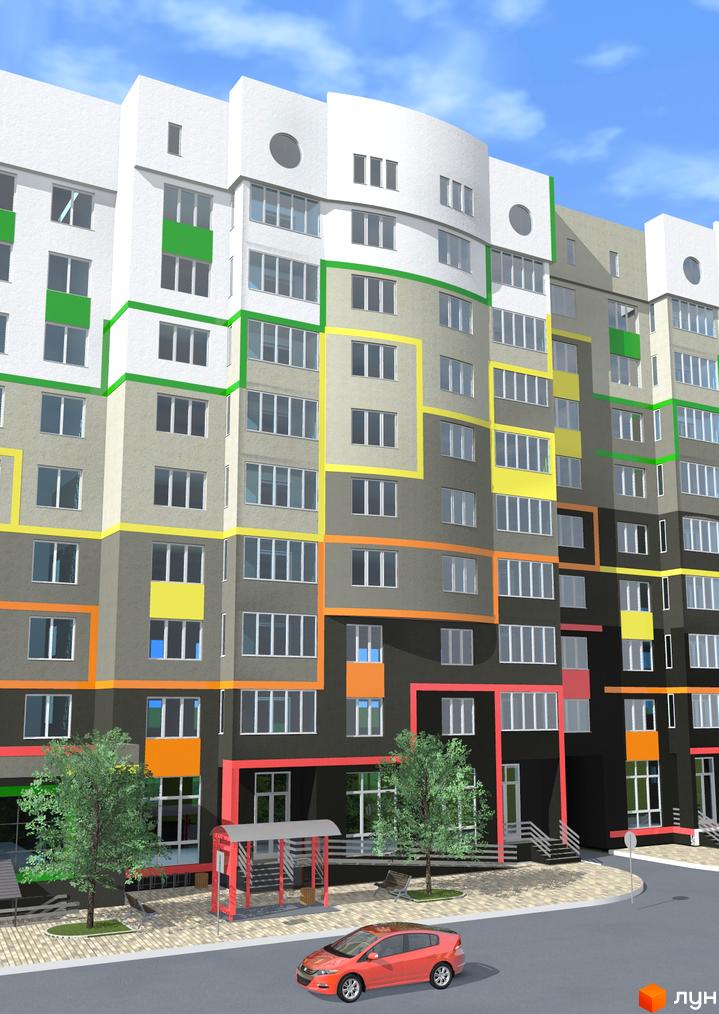 Зовнішній вигляд багатоповерхового житлового комплексу Вишневий з яскравим фасадом та прибудинковою територією з деревами та автомобілем.