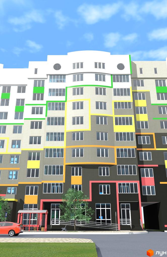 Житловий комплекс Вишневий – багатоповерховий будинок з яскравим фасадом, вікнами та балконами. На прибудинковій території розташовані дерева, лавки та зупинка громадського транспорту.