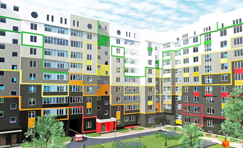 Житловий комплекс Вишневий: яскрава новобудова з різнокольоровими фасадами та великою кількістю вікон. На прибудинковій території зелені насадження та доглянутий двір.