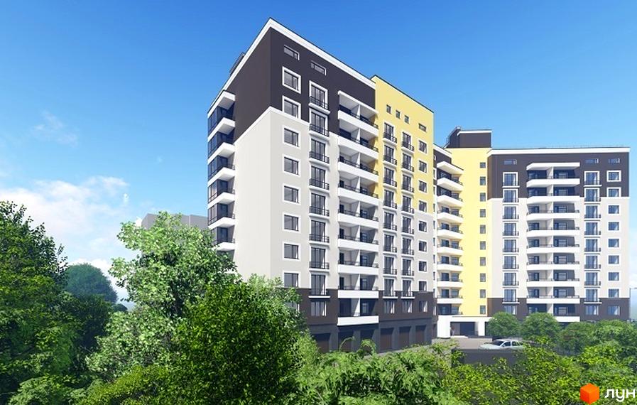 Сучасний житловий комплекс на вулиці 15 Квітня. Багатоповерхові будинки з балконами та великими вікнами, оточені зеленню. На території є парковка.