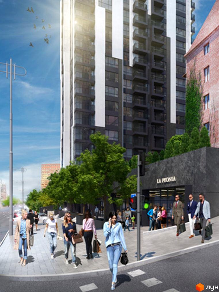 Висотна новобудова з білими вставками та зеленою прибудинковою територією. На тротуарі біля будинку йдуть люди.