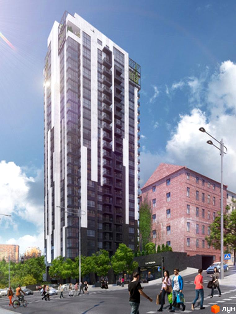 Висотна будівля ЖК AuRoom з фасадом у світлих та темних тонах. На передньому плані пішохідний перехід з людьми та зелені насадження.