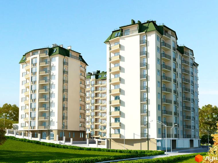 Житловий комплекс Санта-Нова складається з багатоповерхових будівель зі світлими фасадами та зеленими дахами. Навколо будівель видно зелені газони, доріжки та дерева.