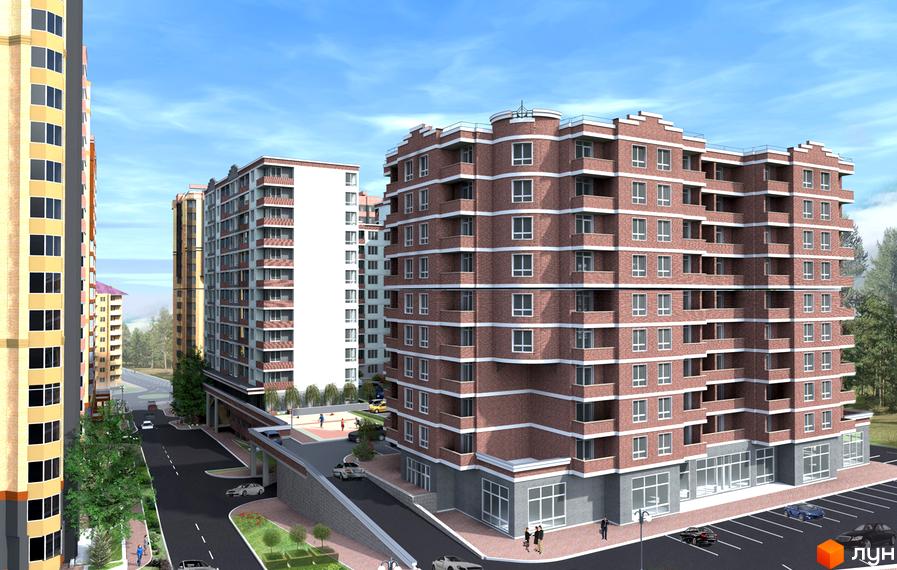 Новобудова Sherwood Park має багатоповерхові будинки з цегляним фасадом та білими балконами. Навколо розташовані дороги, парковка, зелені насадження та комерційні приміщення.