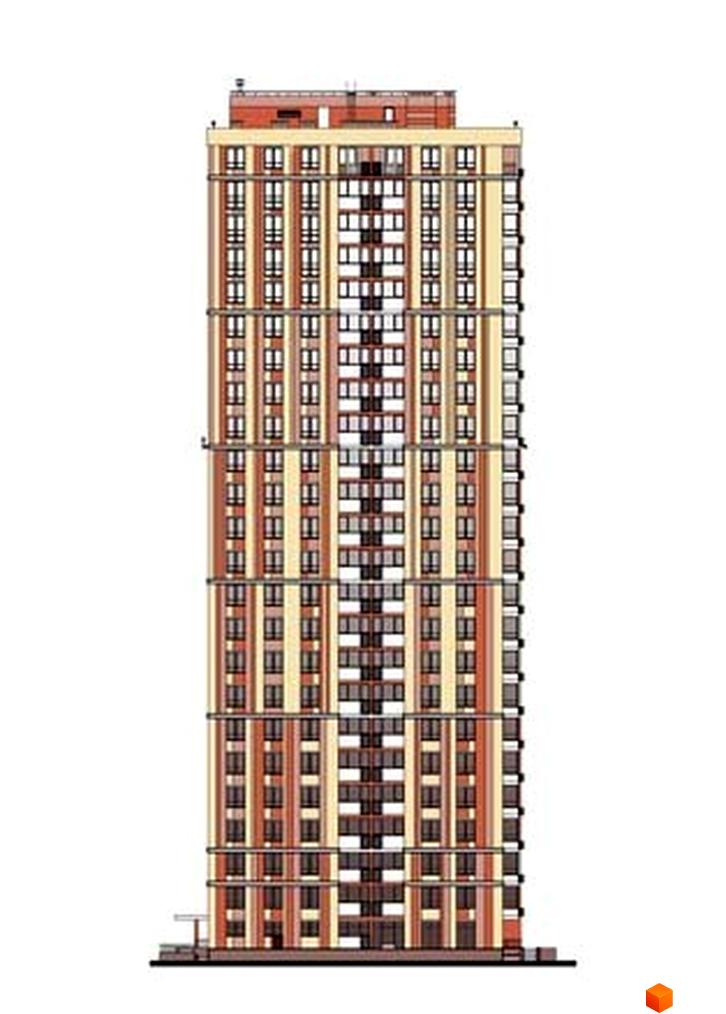 Фасад житлового комплексу Еврика. Багатоповерховий будинок з цегляним оздобленням та численними вікнами.