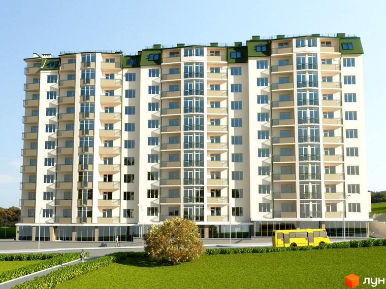 Житловий комплекс Санта-Нова - багатоповерхова будівля з балконами та зеленим дахом на тлі блакитного неба. Поруч розташована зелена галявина та жовтий автобус.