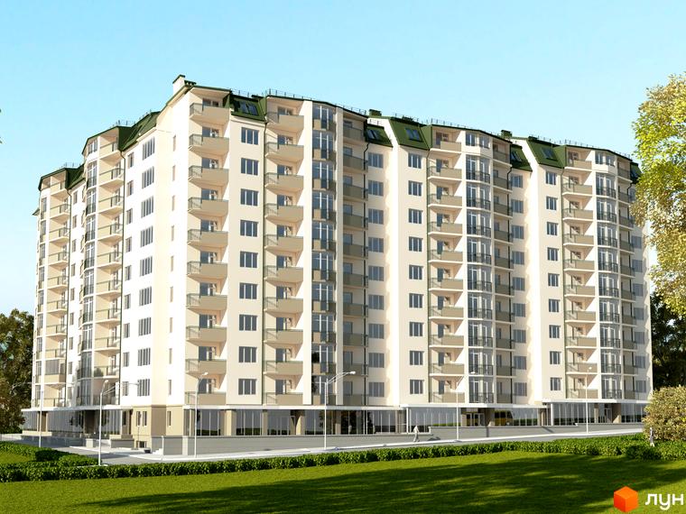 Житловий комплекс Санта-Нова: багатоповерховий будинок світлого кольору з зеленим дахом та балконами, оточений зеленим газоном та деревами.