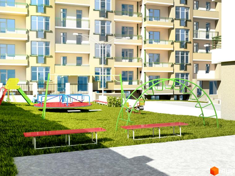 Багатоповерховий житловий комплекс Санта-Нова з балконами та великими вікнами. Прибудинкова територія має зелений газон, дитячий майданчик та лавки для відпочинку.