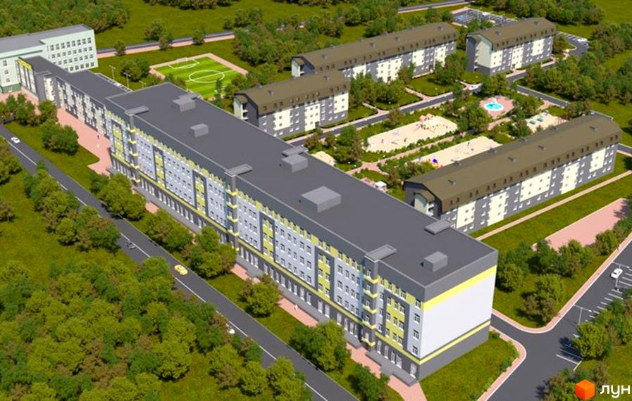 Житловий комплекс Парковий квартал. Багатоповерхові будинки з сірими дахами та фасадами. На прибудинковій території є дитячі майданчики, зелені насадження та парковка.