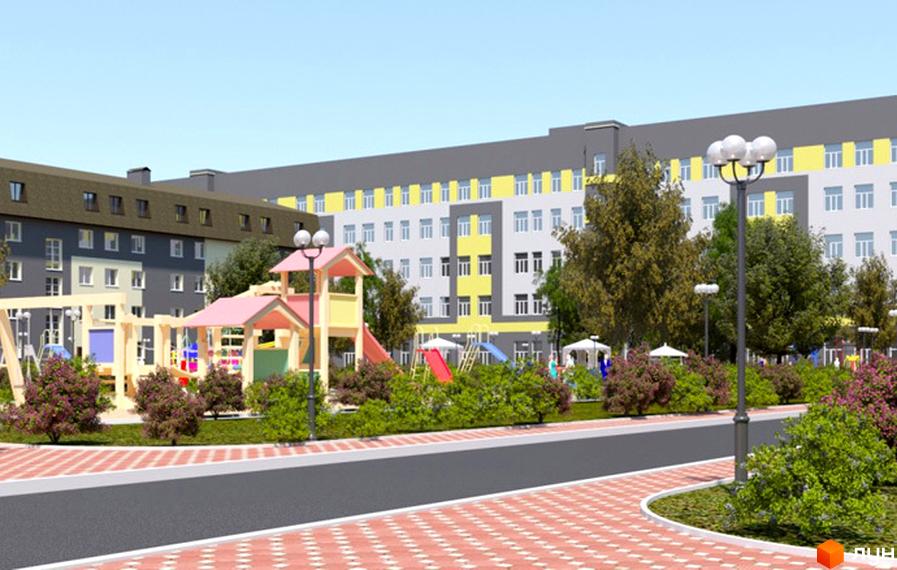 Зображення ЖК Парковий квартал. Багатоповерховий будинок з дитячим майданчиком та зеленими насадженнями.