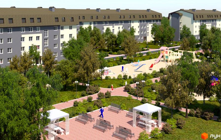 Зображення Житлового комплексу Парковий квартал. На фото будівлі з сірими та білими фасадами, коричневим дахом та велика озеленена територія з дитячим майданчиком.