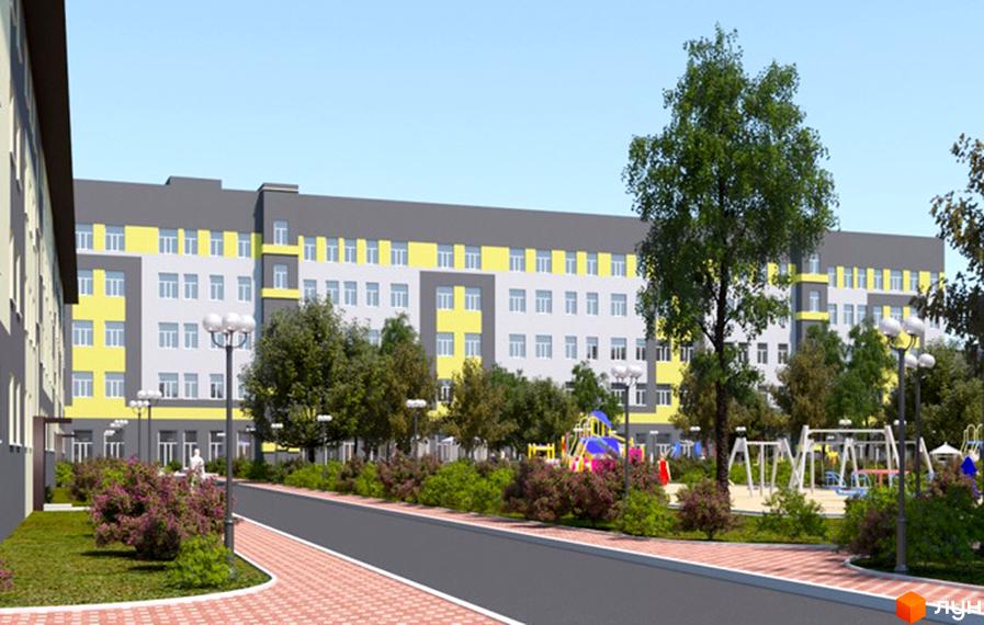 Багатоповерховий будинок з жовтими та сірими фасадами. На території ЖК Парковий квартал є дитячий майданчик, зелені насадження та пішохідні доріжки.