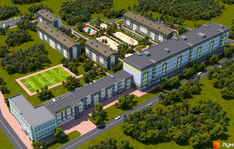 Житловий комплекс Парковий квартал. Багатоповерхові будинки з фасадами сірого кольору. На території є футбольне поле, дитячий майданчик та зелені насадження.